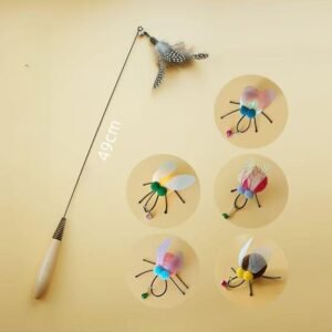 Cat Teaser Wand – Replaceable Feather & Fly Heads – 49cm Wooden Handle – Interactive Cat Toy with Bells & Fluttery Wings